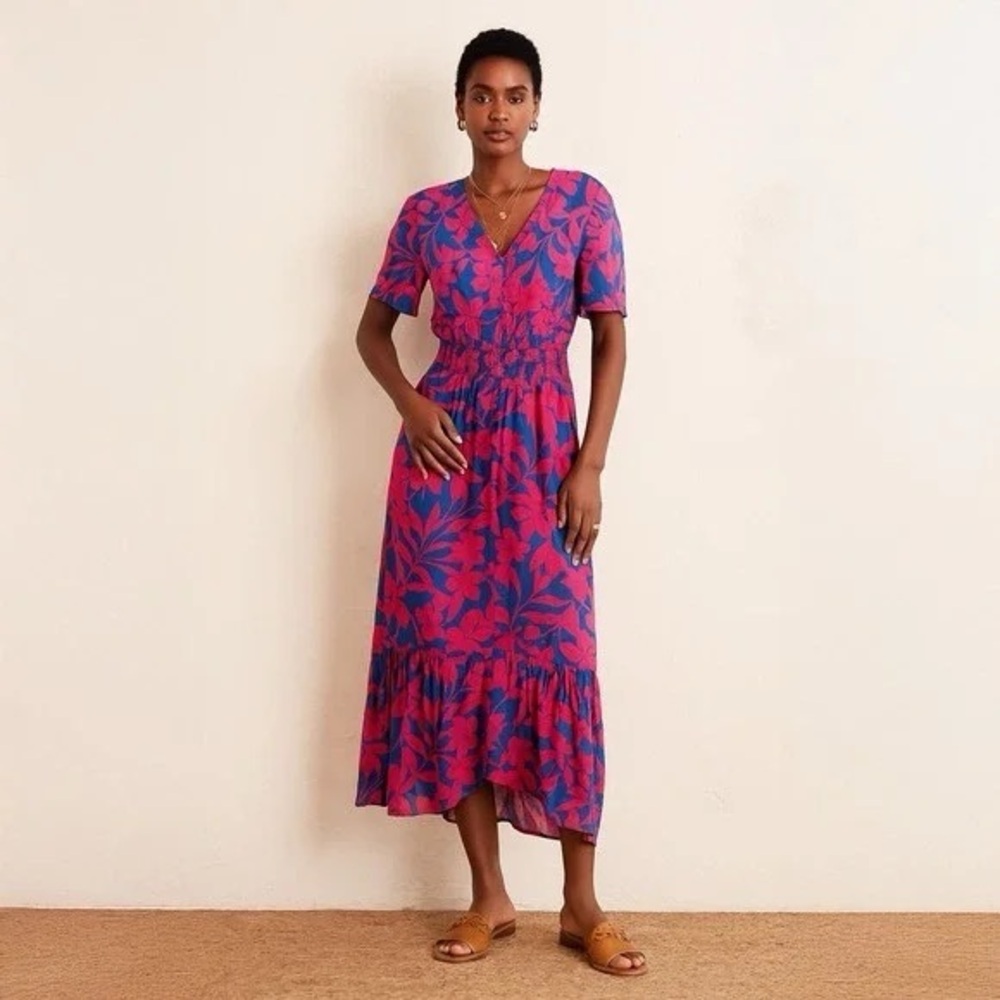 Anthropologie Abel The Label Sz S Cassidy Floral Tropical Blue Pink Mid Dress